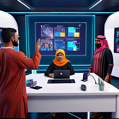 Home 4 **
A vibrant and futuristic Metaverse office scene. Diverse avatars are collaborating on a project using advanced digital tools. The scene should convey a sense of inclusivity and teamwork, but with a subtle hint of the challenges of remote communication. Overlay text: "الميتافيرس: تعزيز التواصل في الفرق الافتراضية" (Metaverse: Enhancing Communication in Virtual Teams). Include elements reminiscent of traditional Arabic design aesthetics subtly integrated into the futuristic environment.
**