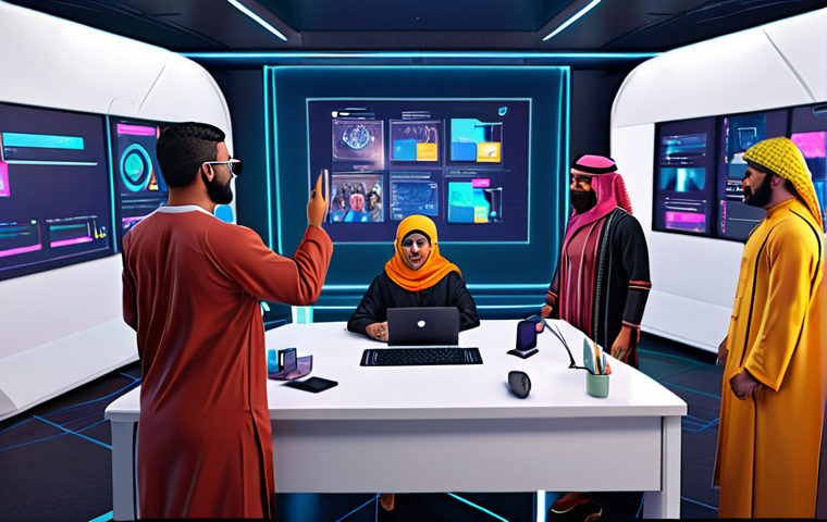 **
A vibrant and futuristic Metaverse office scene. Diverse avatars are collaborating on a project using advanced digital tools. The scene should convey a sense of inclusivity and teamwork, but with a subtle hint of the challenges of remote communication. Overlay text: "الميتافيرس: تعزيز التواصل في الفرق الافتراضية" (Metaverse: Enhancing Communication in Virtual Teams). Include elements reminiscent of traditional Arabic design aesthetics subtly integrated into the futuristic environment.
**