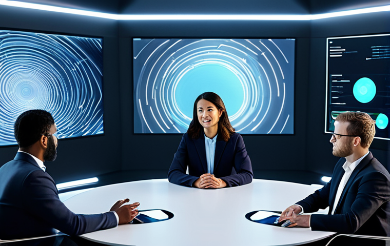 A diverse group of adult professionals, fully clothed in modest business attire, gathered in a sleek, futuristic virtual conference room within the metaverse. Subtle visual cues suggest advanced sensory feedback, such as faint glowing outlines around interactive elements and gentle ripples on transparent holographic displays, implying haptic interaction. The room is filled with soft, natural lighting, creating a comfortable yet highly engaging atmosphere. They are engaged in a collaborative discussion, interacting with digital projections and each other using expressive but appropriate gestures.