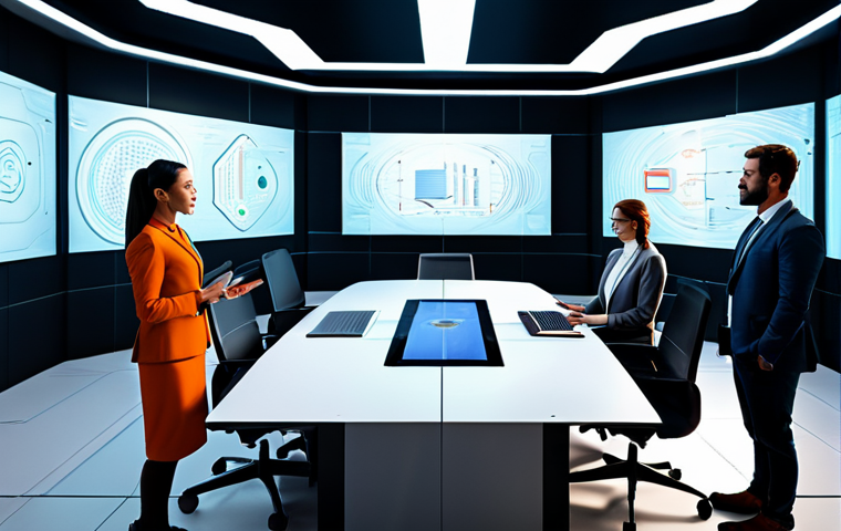 메타버스에서의 기업 간 파트너십 전략 - Virtual Boardroom Collaboration**
"A diverse team of professionals, fully clothed in modest busines...