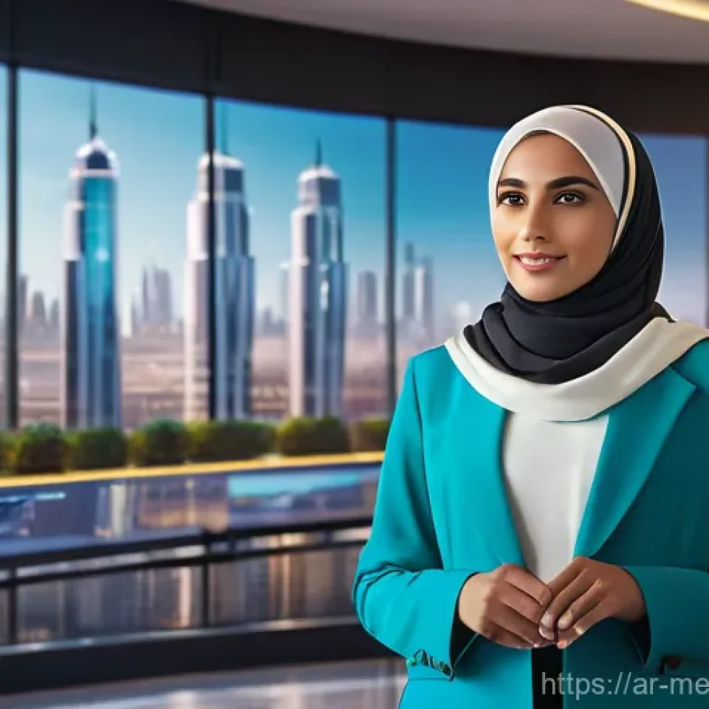 메타버스 비즈니스 생태계에서의 크라우드펀딩 - A dynamic, wide-shot image depicting a young, visionary Arab female entrepreneur, confidently presen...