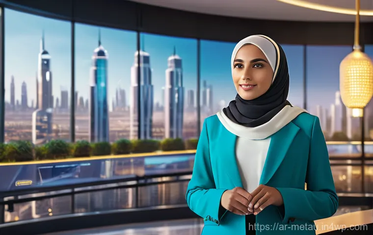 메타버스 비즈니스 생태계에서의 크라우드펀딩 - A dynamic, wide-shot image depicting a young, visionary Arab female entrepreneur, confidently presen...