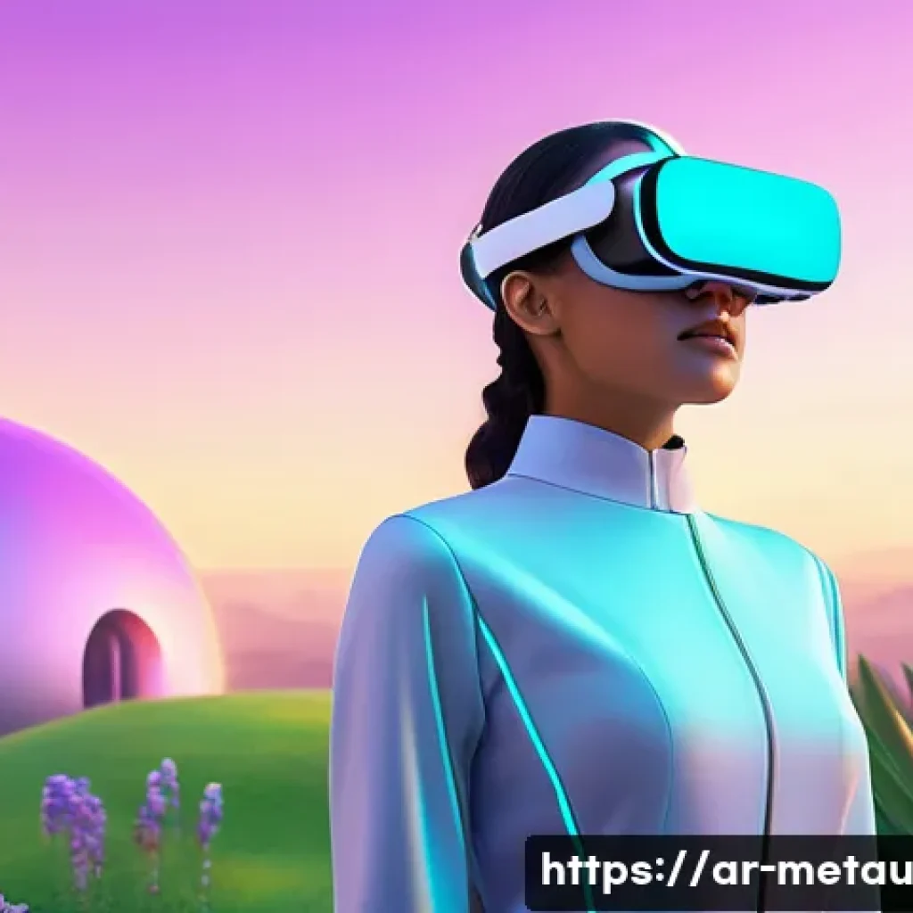 메타버스에서의 자율적 경제 모델 - A visionary female avatar, dressed in a stylish, modest, and sleek virtual outfit, stands on a spraw...