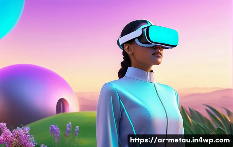 메타버스에서의 자율적 경제 모델 - A visionary female avatar, dressed in a stylish, modest, and sleek virtual outfit, stands on a spraw...