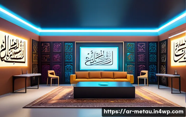 메타버스의 산업별 활용 사례 분석 - A futuristic virtual classroom set inside an immersive 3D metaverse environment designed for Arabic-...