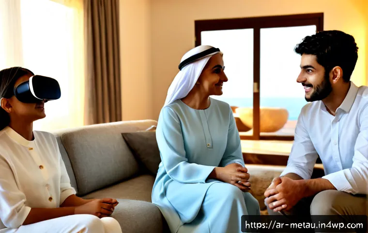 메타버스의 사용자 유지 전략 - Photorealistic Middle Eastern family in a modern Gulf living room, three generations comfortably sha...