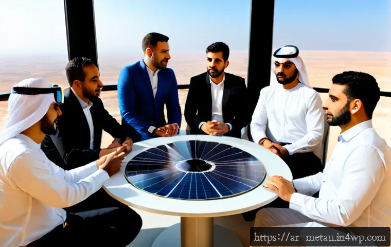 메타버스의 지속 가능성 및 윤리적 고려사항 - Photorealistic modern Gulf-region innovation office, a diverse Arab ethics panel in modest professio...