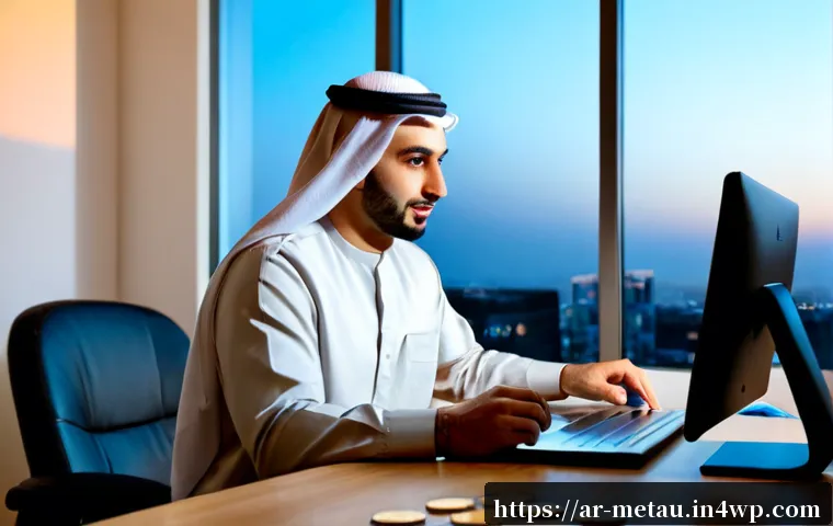 메타버스에서의 디지털 자산 관리 - Photorealistic Middle Eastern financial professional in modest contemporary attire seated at a clean...